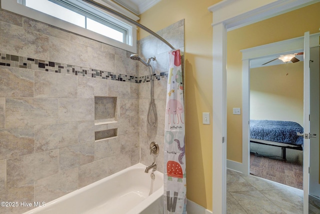 7406 Songbird Ct, Wilmington, NC 28411 - bathroom with shower / tub combo with curtain, baseboards, and crown molding