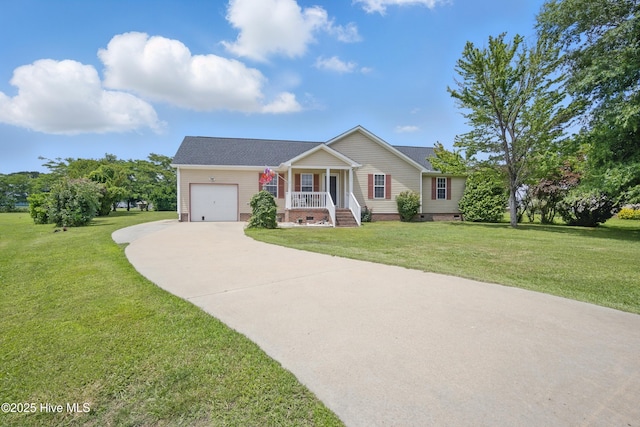 136 Woodland Way, Camden, NC 27921 - single story home with crawl space, an attached garage, concrete driveway, covered porch, and a front yard