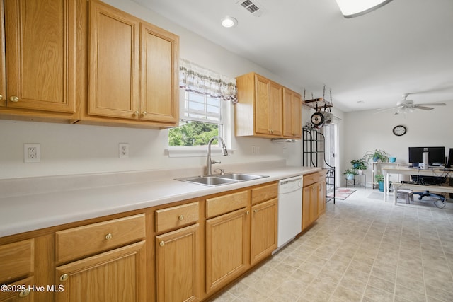 136 Woodland Way, Camden, NC 27921 - kitchen featuring dishwasher, a sink, ceiling fan, light countertops, and an office area