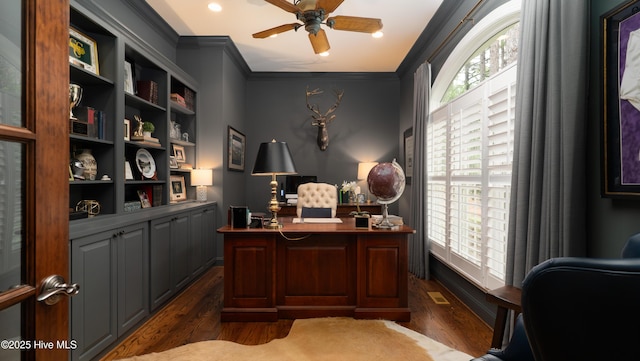 370 Lake Dornoch Dr, Pinehurst, NC 28374 - home office featuring dark wood-style flooring, ceiling fan, and crown molding
