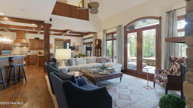 370 Lake Dornoch Dr, Pinehurst, NC 28374 - living area featuring french doors, wood finished floors, and beamed ceiling