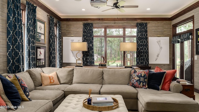 370 Lake Dornoch Dr, Pinehurst, NC 28374 - living room with a ceiling fan, recessed lighting, and ornamental molding