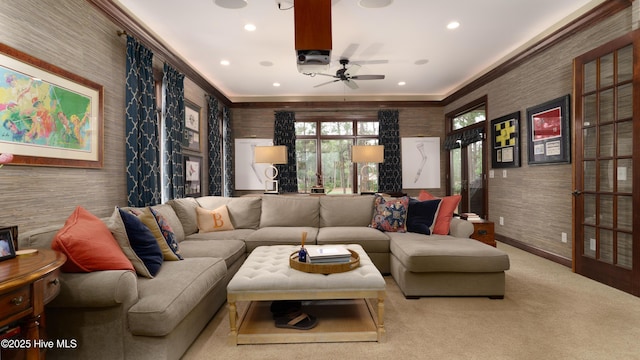 370 Lake Dornoch Dr, Pinehurst, NC 28374 - carpeted living room featuring wallpapered walls, recessed lighting, a ceiling fan, crown molding, and baseboards