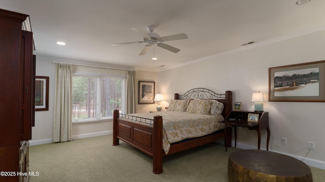 370 Lake Dornoch Dr, Pinehurst, NC 28374 - bedroom with light colored carpet, baseboards, crown molding, recessed lighting, and ceiling fan