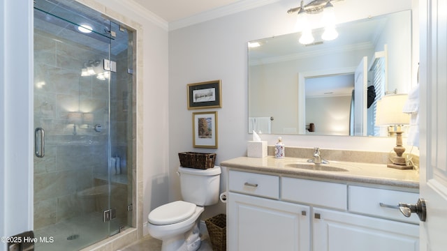 370 Lake Dornoch Dr, Pinehurst, NC 28374 - full bathroom featuring vanity, toilet, ornamental molding, and a shower stall