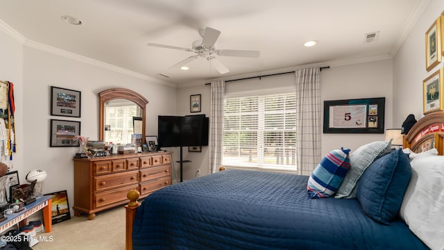 370 Lake Dornoch Dr, Pinehurst, NC 28374 - bedroom with light carpet, ornamental molding, recessed lighting, and a ceiling fan
