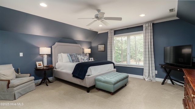 370 Lake Dornoch Dr, Pinehurst, NC 28374 - carpeted bedroom featuring vaulted ceiling, baseboards, recessed lighting, and ceiling fan