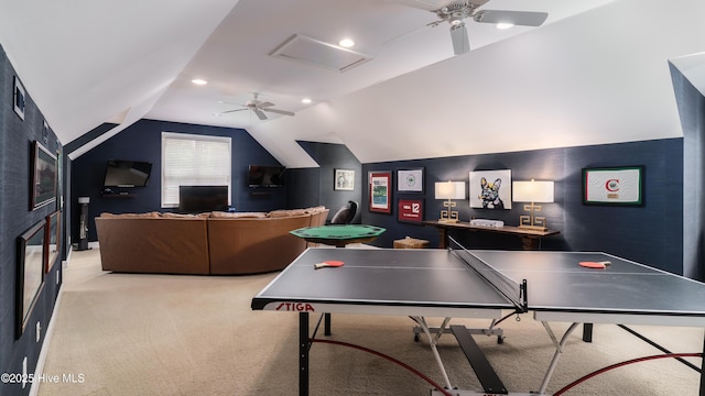 370 Lake Dornoch Dr, Pinehurst, NC 28374 - game room with light carpet, ceiling fan, attic access, vaulted ceiling, and recessed lighting