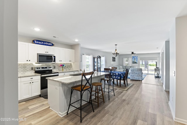 940 Pine Needles Rd, Southport, NC 28461 - kitchen featuring stainless steel appliances, open floor plan, white cabinetry, decorative backsplash, and light wood-type flooring