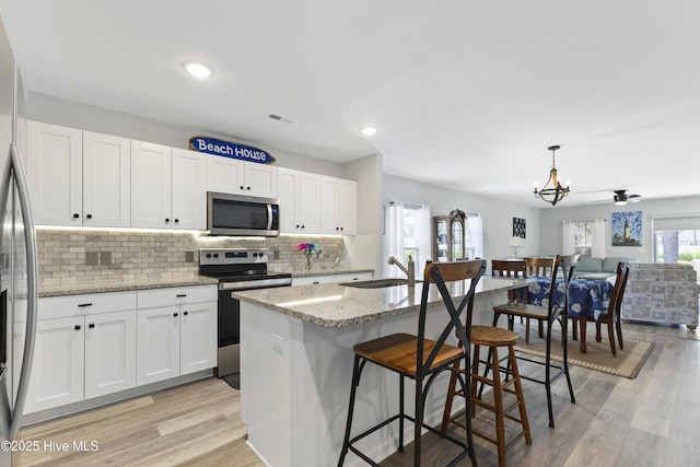 940 Pine Needles Rd, Southport, NC 28461 - kitchen with stainless steel appliances, white cabinets, backsplash, a breakfast bar area, and light wood-style floors