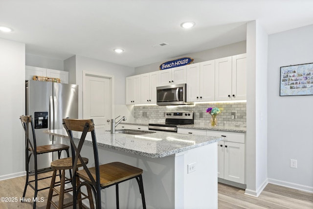 940 Pine Needles Rd, Southport, NC 28461 - kitchen with stainless steel appliances, a sink, backsplash, a breakfast bar, and white cabinetry