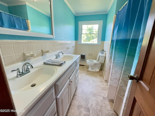 5 Keys Cross Rd, Hobbsville, NC 27946 - full bath featuring ornamental molding, tile walls, double vanity, toilet, and heating unit