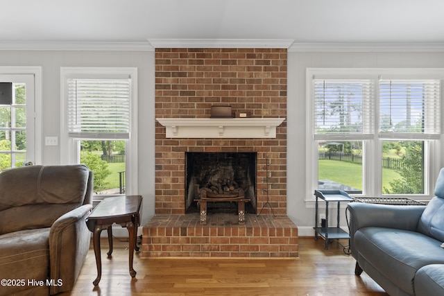 405 E Westbrook St, Wallace, NC 28466 - living room featuring wood finished floors, ornamental molding, and a brick fireplace