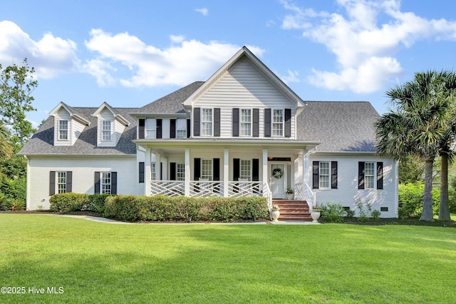 2122 Airlie Brook Dr, Wilmington, NC 28403 - view of front of house featuring a porch, brick siding, a front lawn, and a shingled roof