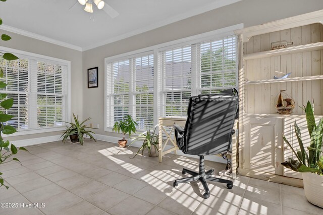 2122 Airlie Brook Dr, Wilmington, NC 28403 - tiled office featuring crown molding, healthy amount of natural light, and a ceiling fan