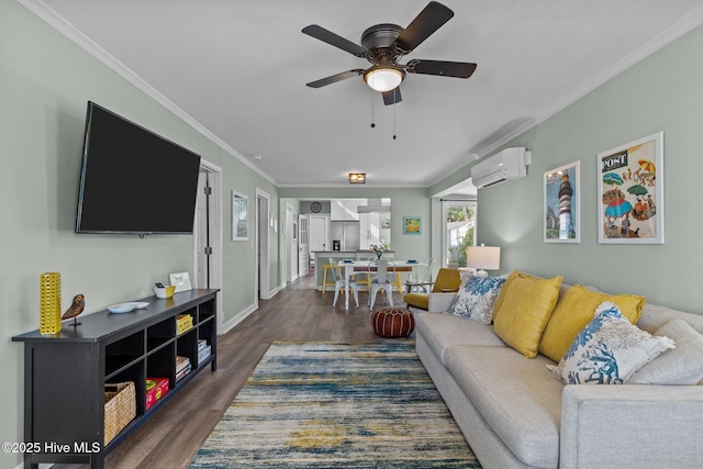 208 Hamlet Ave, Carolina Beach, NC 28428 - living room with dark wood-style floors, a ceiling fan, crown molding, a wall unit AC, and baseboards