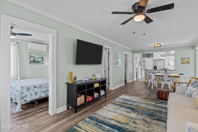 208 Hamlet Ave, Carolina Beach, NC 28428 - living room featuring an AC wall unit, ceiling fan, wood finished floors, ornamental molding, and baseboards