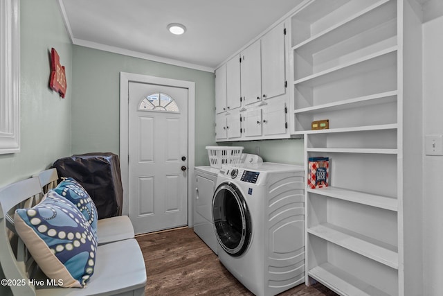 208 Hamlet Ave, Carolina Beach, NC 28428 - laundry room featuring independent washer and dryer, cabinet space, crown molding, and dark wood-type flooring