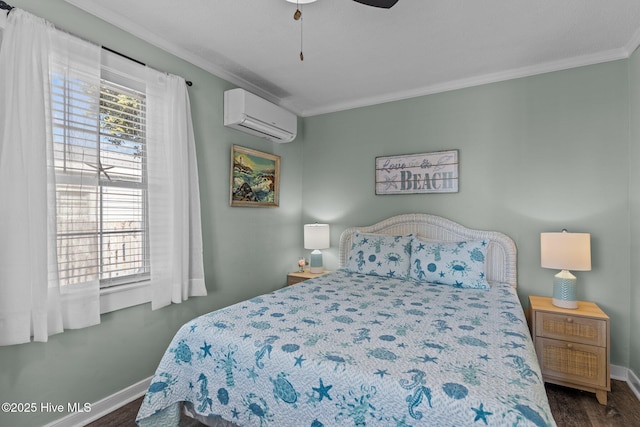 208 Hamlet Ave, Carolina Beach, NC 28428 - bedroom featuring a wall mounted air conditioner, crown molding, baseboards, wood finished floors, and a ceiling fan
