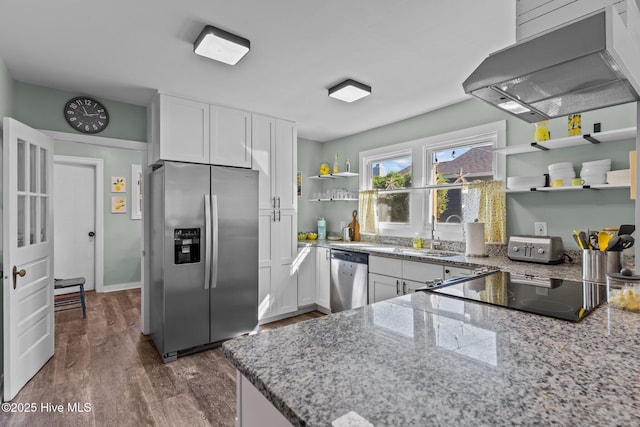208 Hamlet Ave, Carolina Beach, NC 28428 - kitchen featuring appliances with stainless steel finishes, open shelves, extractor fan, white cabinetry, and a sink