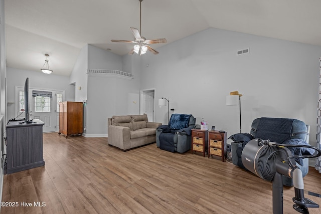 2902 Brems Battery, New Bern, NC 28562 - living area featuring light wood-type flooring, a ceiling fan, and high vaulted ceiling