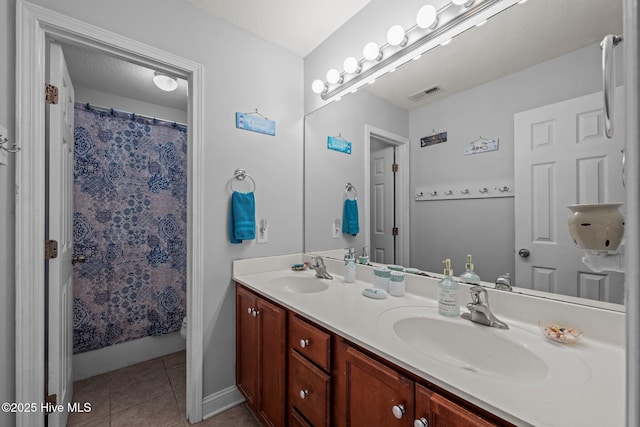 2902 Brems Battery, New Bern, NC 28562 - full bath featuring double vanity, tile patterned floors, and a shower with shower curtain