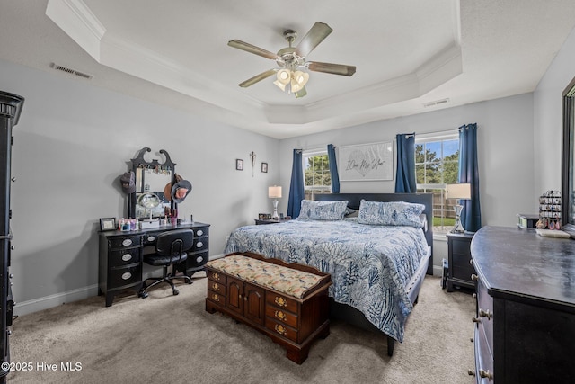 2902 Brems Battery, New Bern, NC 28562 - bedroom featuring a raised ceiling, ornamental molding, light colored carpet, an office area, and a ceiling fan
