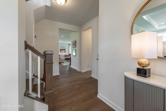1016 Fawn Valley Way, Wilmington, NC 28409 - hall with dark wood-type flooring, stairway, baseboards, and plenty of natural light