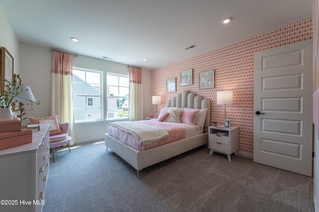1016 Fawn Valley Way, Wilmington, NC 28409 - carpeted bedroom featuring baseboards, wallpapered walls, recessed lighting, and an accent wall