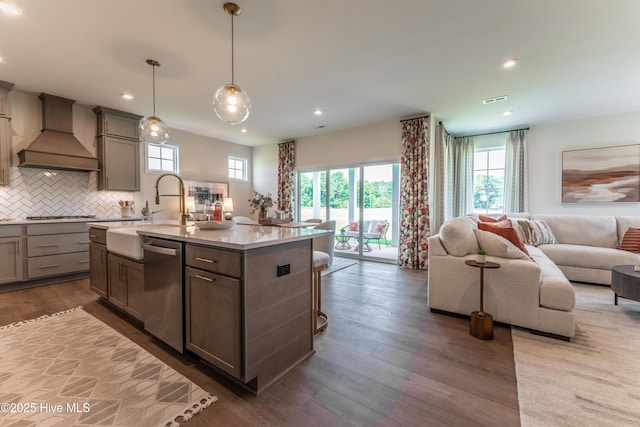 1016 Fawn Valley Way, Wilmington, NC 28409 - kitchen featuring open floor plan, custom exhaust hood, a sink, dishwasher, and recessed lighting