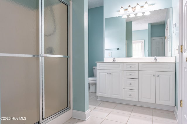 114 Baker Cir W, End, NC 27376 - bathroom featuring tile patterned flooring, toilet, a shower stall, double vanity, and baseboards