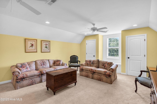 414 Wilson Ave, Carolina Beach, NC 28428 - living room featuring a ceiling fan, vaulted ceiling, light colored carpet, and recessed lighting