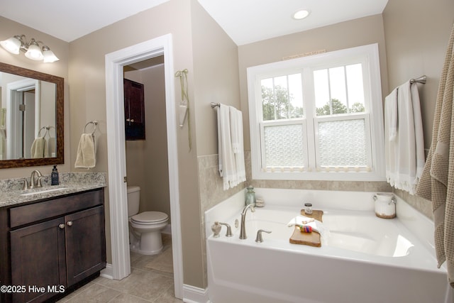 305 3rd St, Aberdeen, NC 28315 - full bathroom with vanity, a bath, toilet, and tile patterned floors