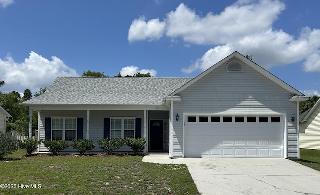 613 Burroughs Dr, Wilmington, NC 28412 - view of front facade featuring concrete driveway, an attached garage, a porch, a front yard, and roof with shingles