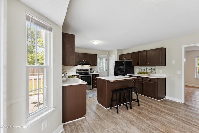 1415 Setter Ct, Wilmington, NC 28411 - kitchen with electric range, freestanding refrigerator, dark brown cabinets, and light countertops