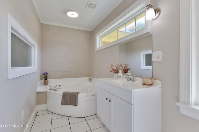 full bathroom with vanity, a bath, tile patterned floors, and ornamental molding