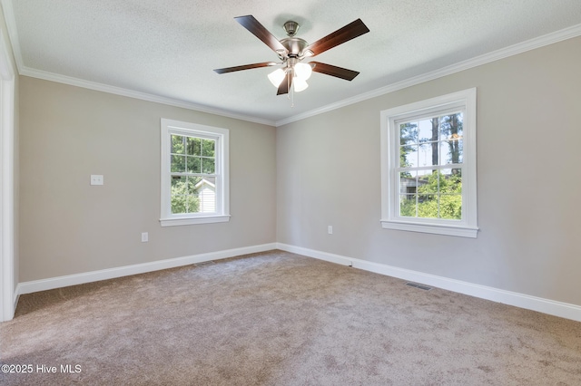carpeted empty room with crown molding, ceiling fan, baseboards, and a textured ceiling