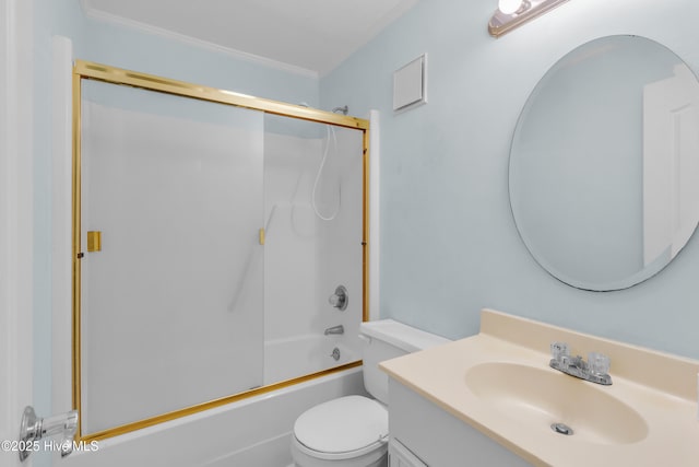 2306 W Fort Macon Rd Unit 209H, Atlantic Beach, NC 28512 - bathroom with vanity, toilet, shower / bath combination with glass door, and ornamental molding