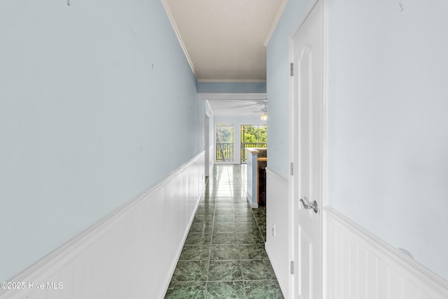 2306 W Fort Macon Rd Unit 209H, Atlantic Beach, NC 28512 - hallway featuring wainscoting, ornamental molding, and a decorative wall