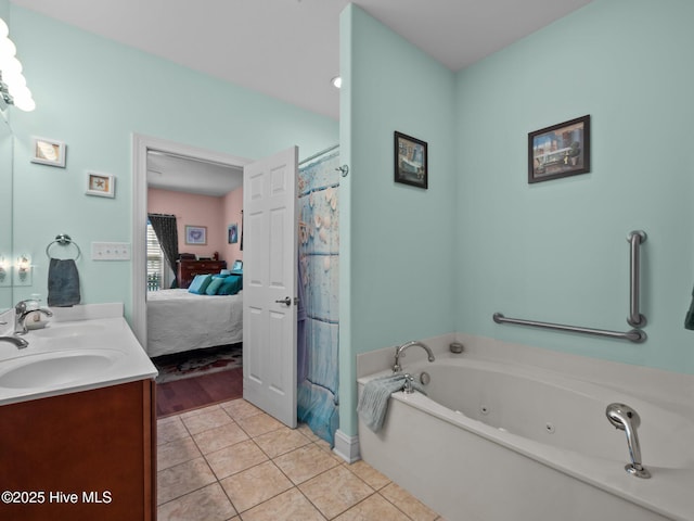 211 Brook Crossing Rd, Swansboro, NC 28584 - full bathroom with ensuite bathroom, a whirlpool tub, double vanity, tile patterned flooring, and a shower with shower curtain