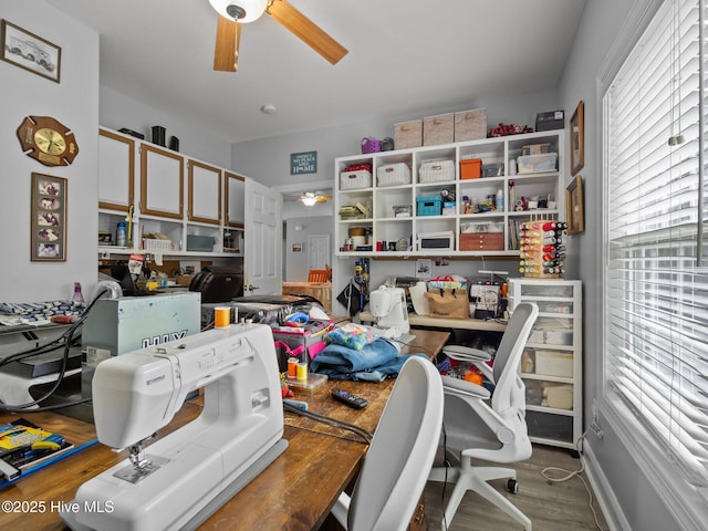 211 Brook Crossing Rd, Swansboro, NC 28584 - home office featuring ceiling fan and wood finished floors