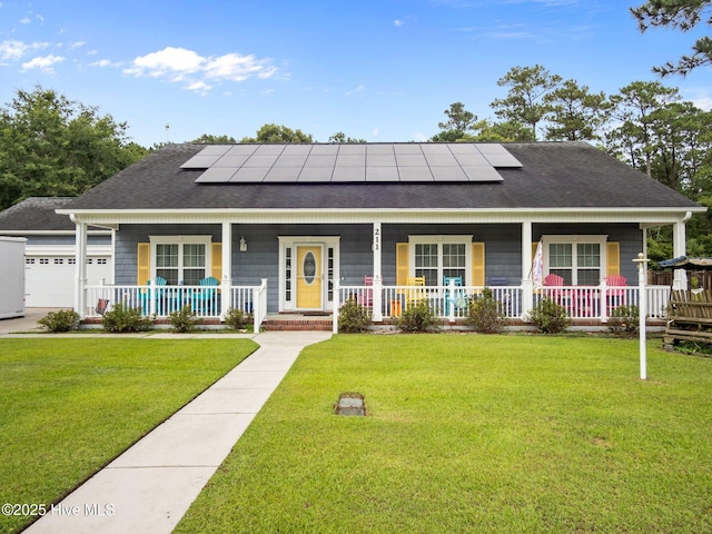 211 Brook Crossing Rd, Swansboro, NC 28584 - view of front facade with covered porch, a shingled roof, solar panels, and a front lawn