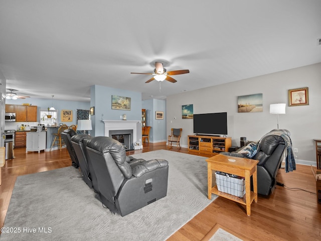 211 Brook Crossing Rd, Swansboro, NC 28584 - living room featuring a ceiling fan, light wood-style flooring, and a fireplace