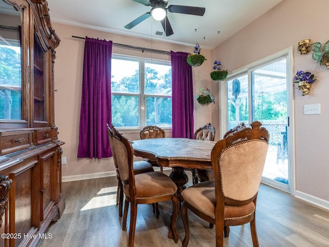 227 Cheswick Dr, Holly Ridge, NC 28445 - dining space with wood finished floors, baseboards, and ceiling fan