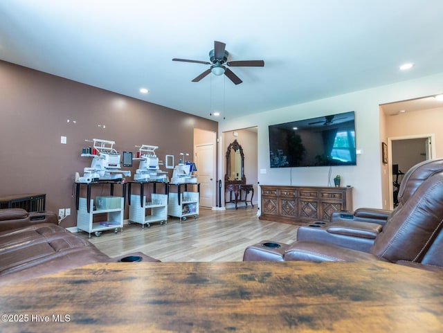 227 Cheswick Dr, Holly Ridge, NC 28445 - living area featuring a ceiling fan, wood finished floors, and recessed lighting