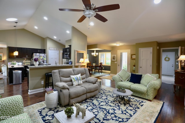 275 Pinehurst Trace Dr, Pinehurst, NC 28374 - living room with ceiling fan, dark wood finished floors, a chandelier, high vaulted ceiling, and recessed lighting