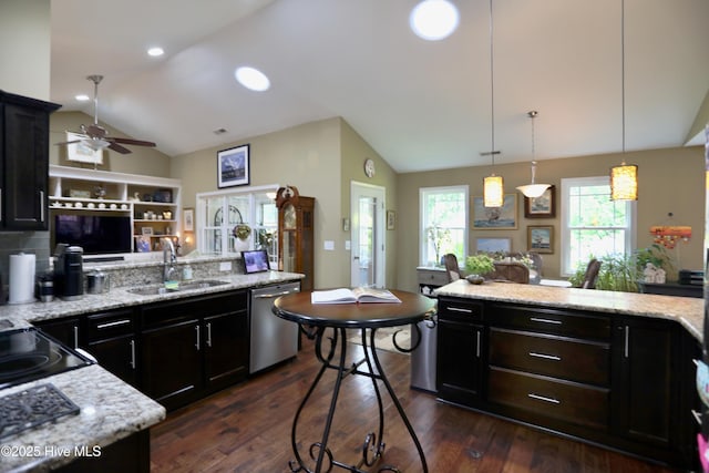 275 Pinehurst Trace Dr, Pinehurst, NC 28374 - kitchen with a sink, stainless steel dishwasher, lofted ceiling, ceiling fan, and dark wood-type flooring