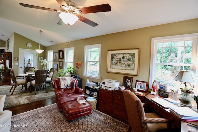 275 Pinehurst Trace Dr, Pinehurst, NC 28374 - office area featuring vaulted ceiling, wood finished floors, and a ceiling fan