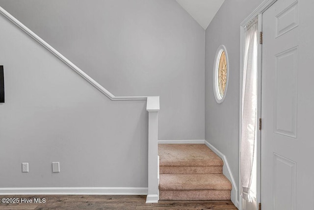 105 Sea Turtle Cv, Sneads Ferry, NC 28460 - entryway with lofted ceiling, stairway, wood finished floors, and baseboards