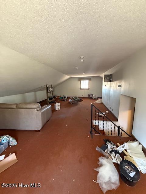1164 Ocean Hwy N, Hertford, NC 27944 - additional living space with vaulted ceiling, carpet flooring, and a textured ceiling